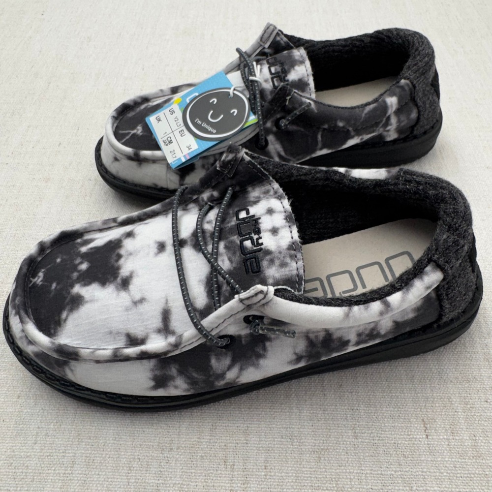 Hey Dude Wally Youth Thunderstruck Tie Dye Black White Loafers Shoes Size 2Y L3